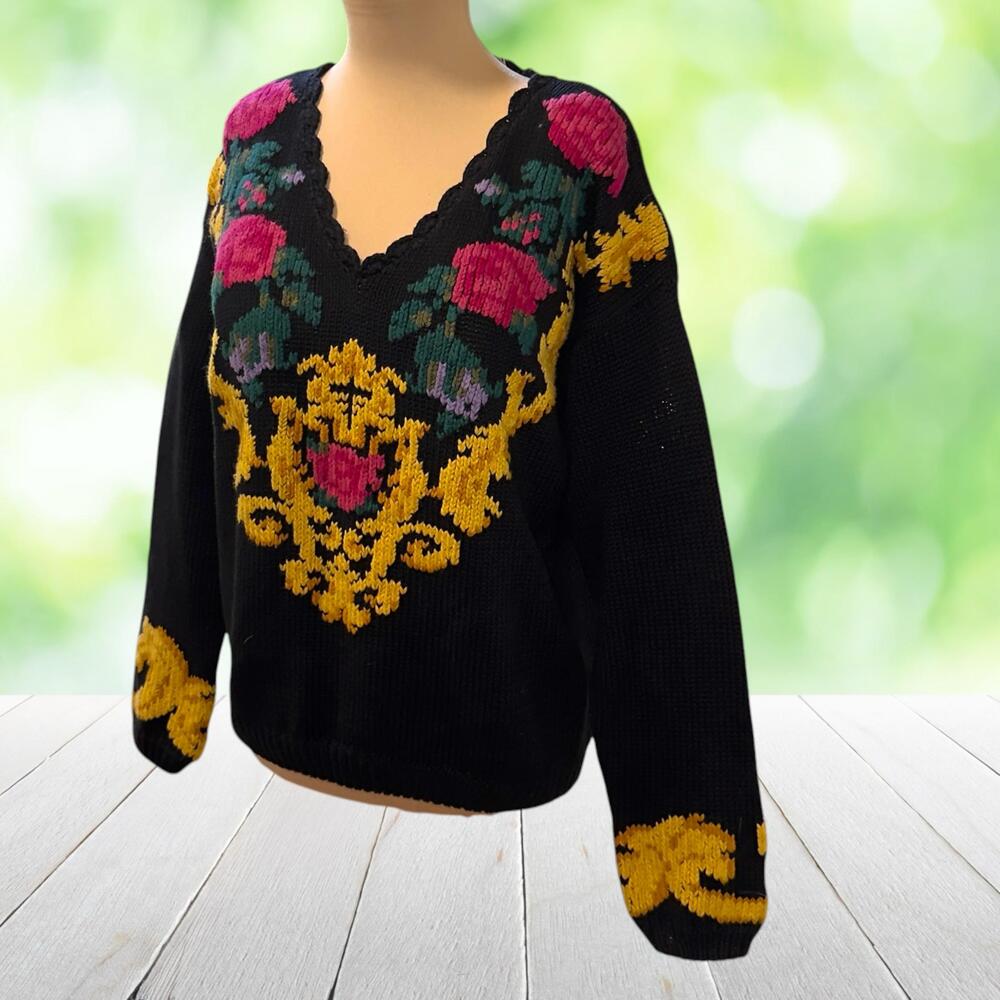 Vintage Statement Sweater Baroque Floral Scroll Intarsia Chunky Knit Black Sz M